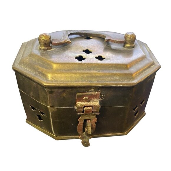 Vintage Brass Cricket Trinket Storage Box Potpourri Incense Hinged Lid  w/Handle - Picture 1 of 7